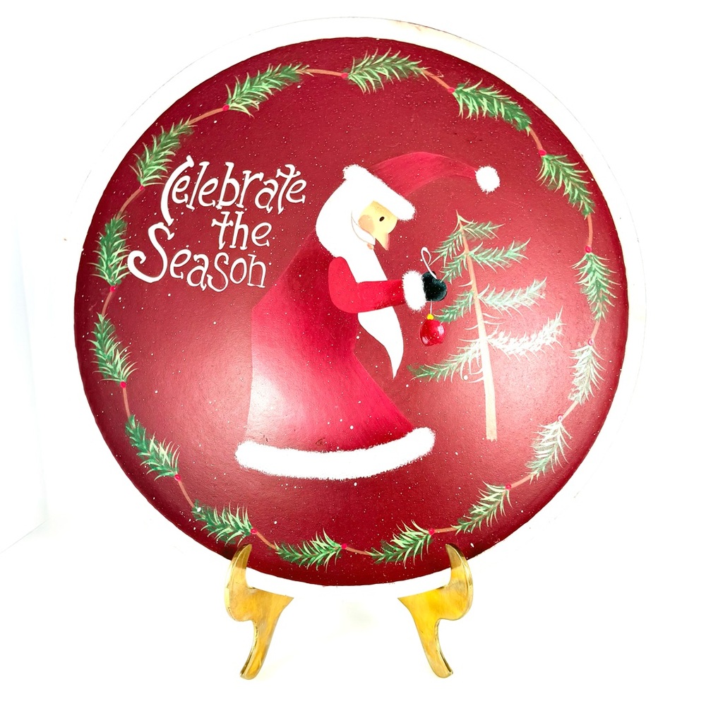 Vintage Hand Painted Designed by Kathy Wooden Large Bowl Christmas Santa Decor